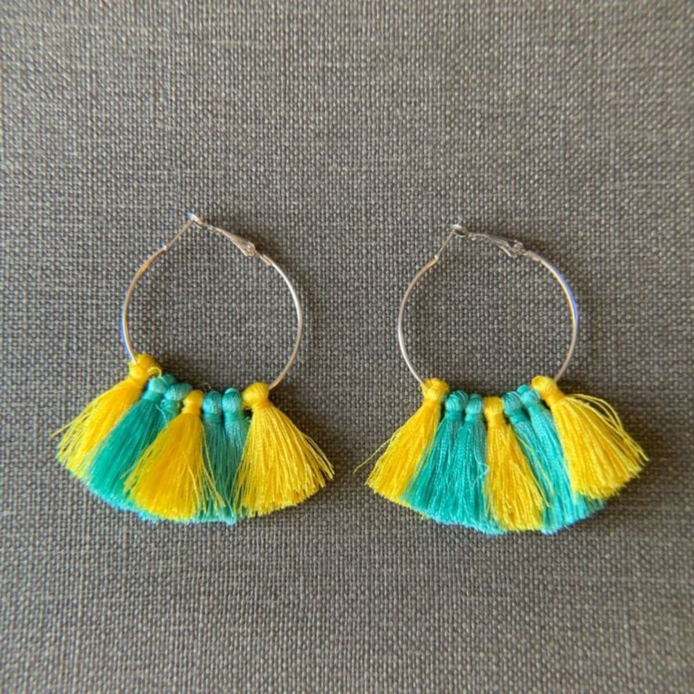 Teal & Yellow Tassel Hoop Earrings
